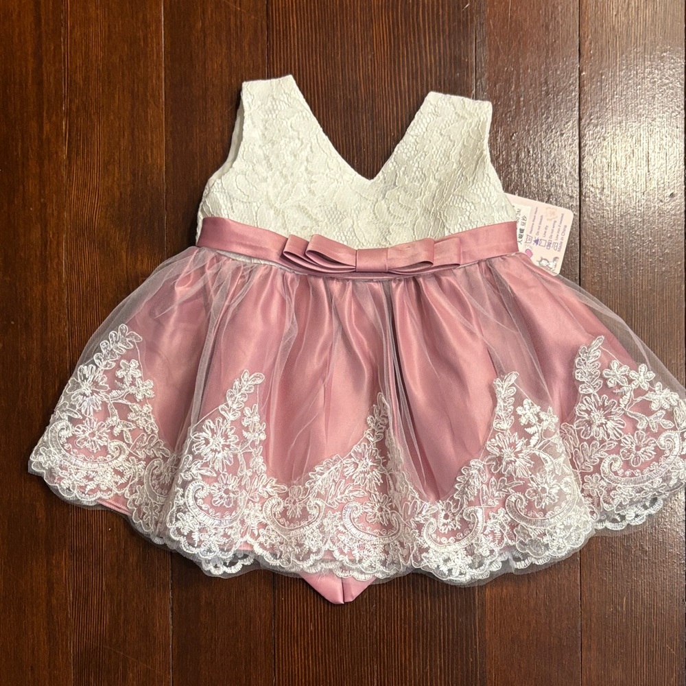 Pink and White Lace Baby Dress with Headband and Big Bow NWT